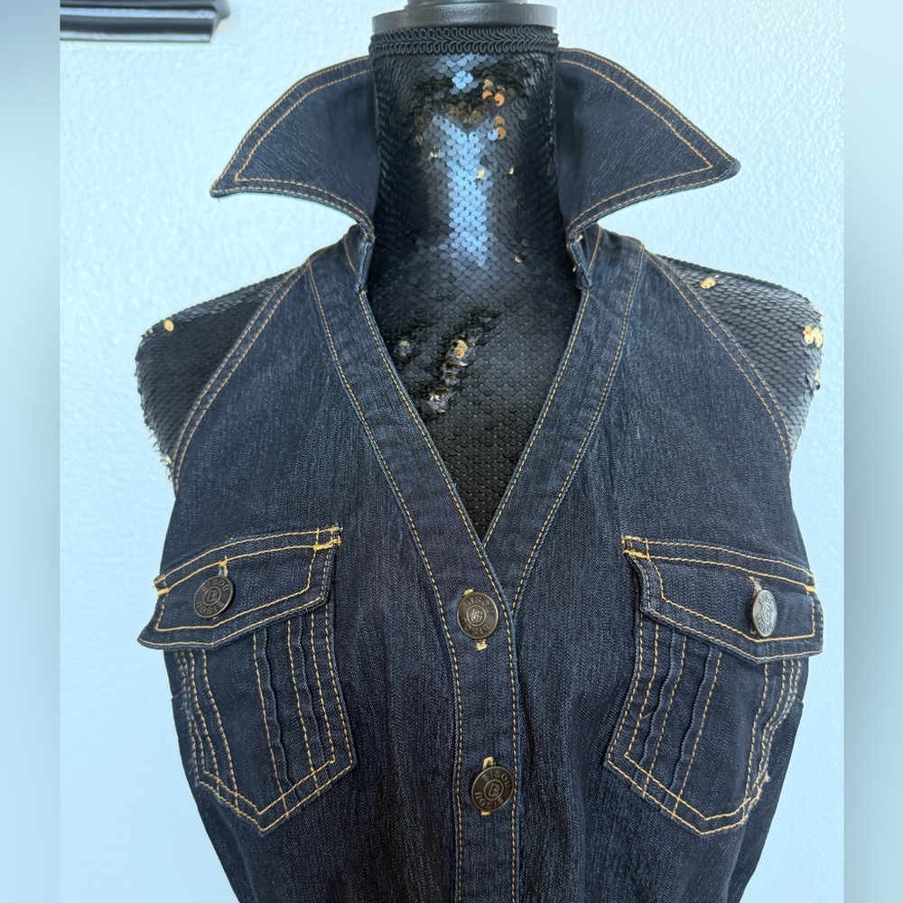 NWOT Y2K Bisou Bisou Denim Sleeveless Button-Up Halter Top Vest Belt Size Large - Picture 2 of 5